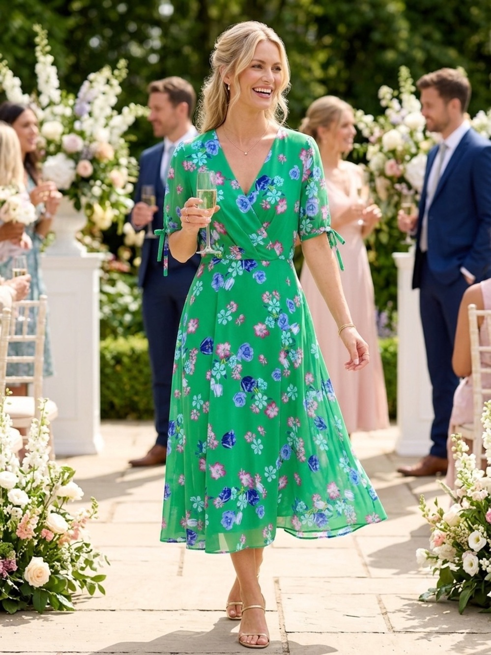 Jessica Howard Green Floral V-Neck Midi Dress Size 10P